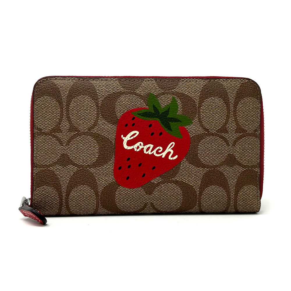 Coach Medium Id Zip Wallet Signature Canvas Wild Strawberry Khaki Red CH529